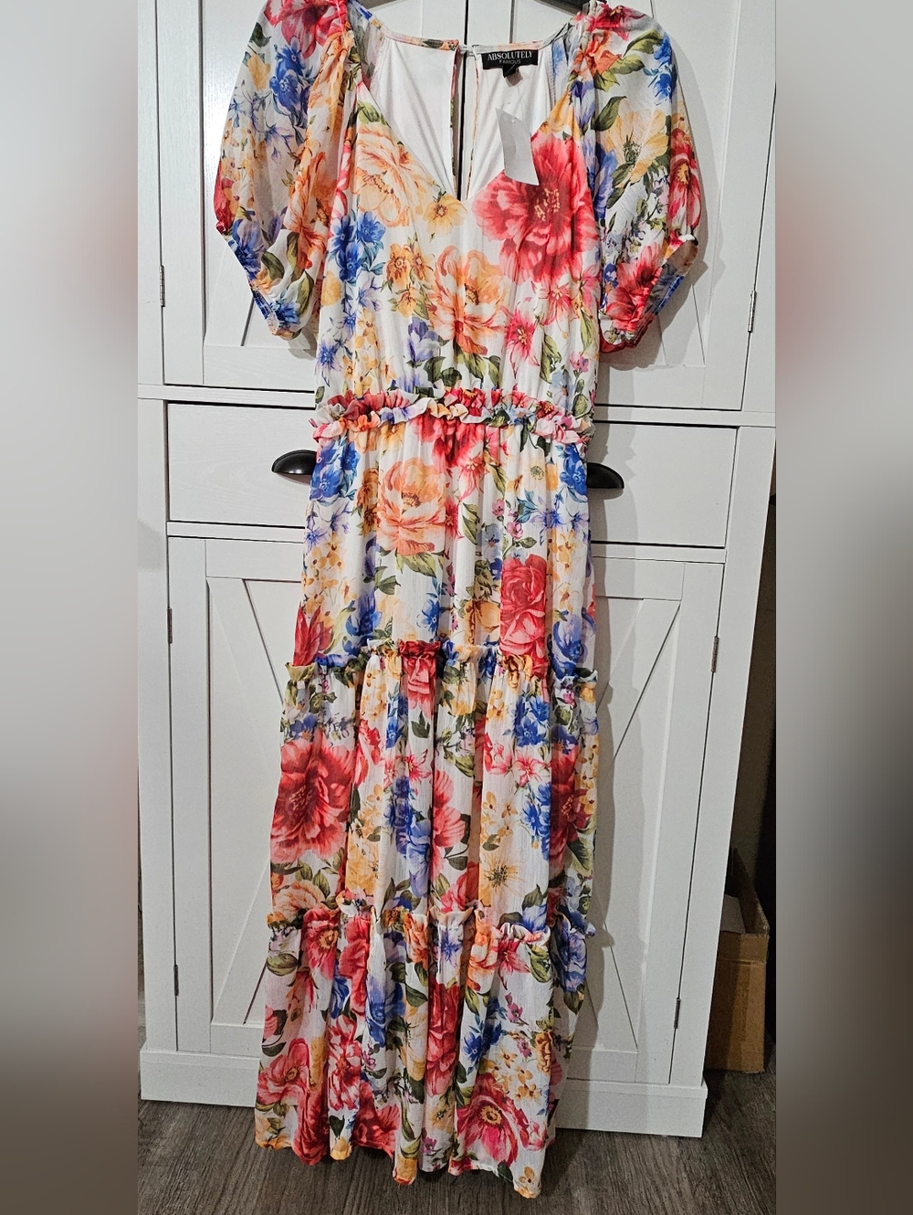 Absolutely Famous White Multi Floral Maxi Dress with Puff Sleeves